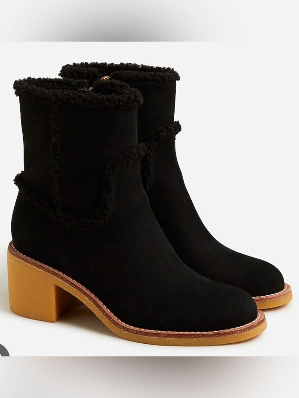 J. Crew Black Suede Shearling-Trim Block Heel Ankle Boots